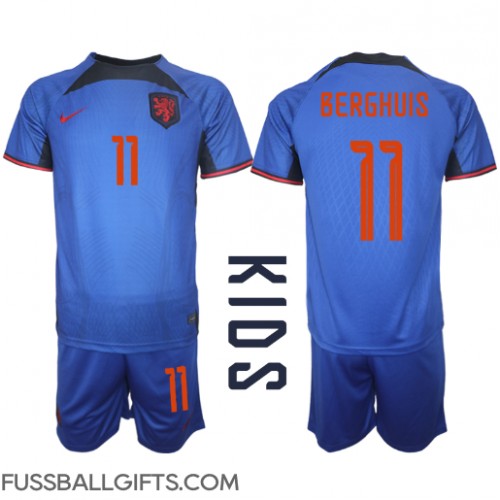 Niederlande Steven Berghuis #11 Fußballbekleidung Auswärtstrikot Kinder WM 2022 Kurzarm (+ kurze hosen)